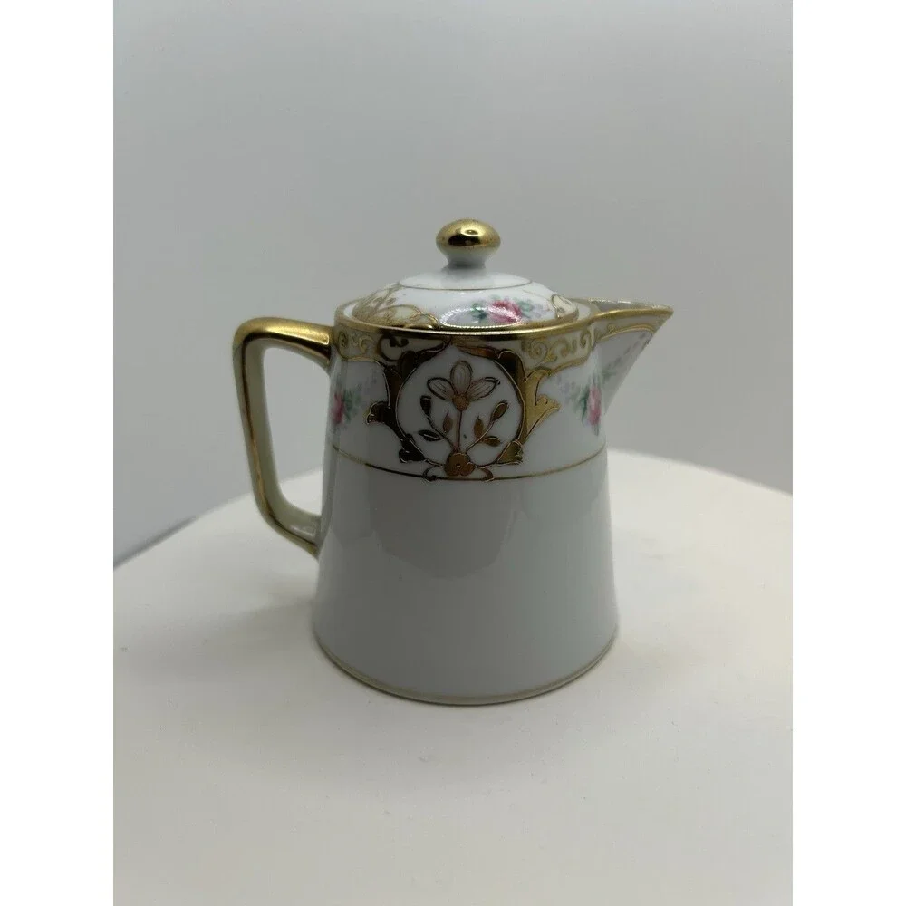 Nippon Hand Painted Porcelain Floral & Gold Gilt Syrup Pitcher‎ with Lid
